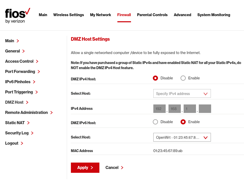 Enabling DMZ in a Verizon FiOS
router