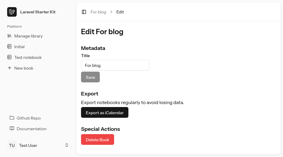 Page showing a button to export a book
